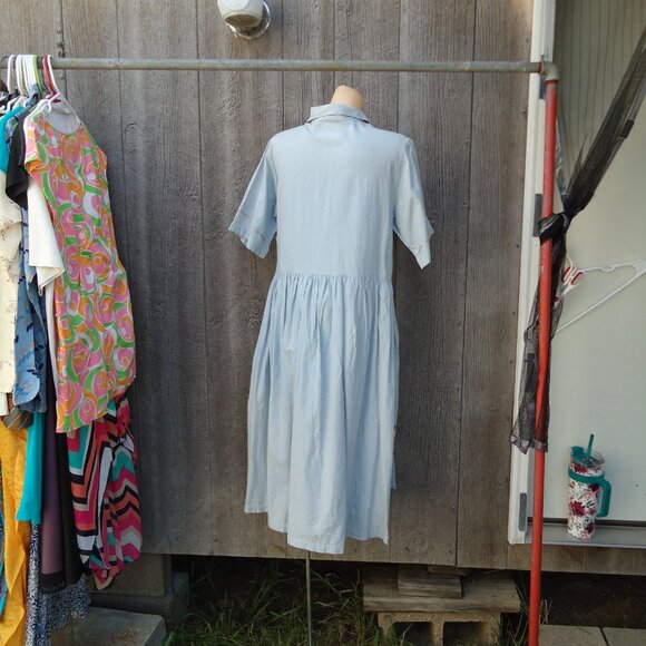 Vintage Chambray Light Blue Cotton Dress Embroidered Horses Western M As Is - Picture 4 of 10